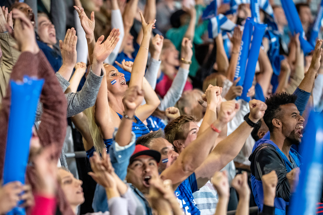 Stadium crowd cheering during a sports match